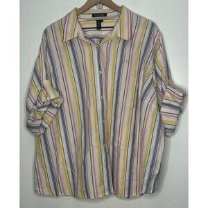 Lauren Ralph Lauren Linen Blend blouse 3X Stripe yellow blue Roll tab Easter LRL
